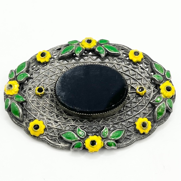 Antique estate enamel black stone brooch pin